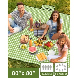 BSDPREF Extra Large Picnic Outdoor Blanket, 80''x80'' Waterproof Foldable Blankets Gingham Picnic Mat for Beach, Camping Grass Lawn Park Accessories Cute Couples Gift Ideas Wedding Registry-Green