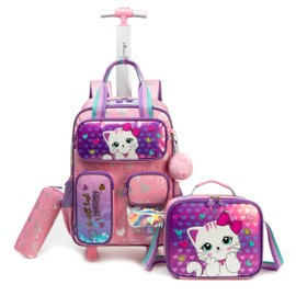 Inprof 3pcs Cute Bow Cat Rolling Backpack with Wheels for Girls, Travel Luggage Suitcase,kids Roller Wheeled Bookbag Set with Lunch Box