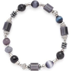 Jewels by Leonardo Casoria 024304 Elastic Bracelet Silver Stainless Steel Geometric Beads in Black and Grey Tones 20 cm Length Jewellery Women, Stainless Steel, No Gemstone