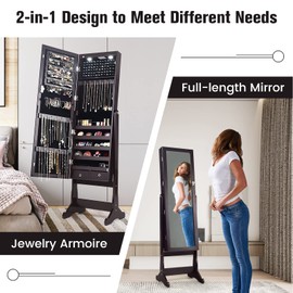 COSTWAY Standing Mirror Jewelry Cabinet, Large Storage Jewelry Organizer w/Full Length Mirror, 4 Adjustable Angles & 2 LED Lights, Lockable Jewelry Armoire for Women Girls, Brown
