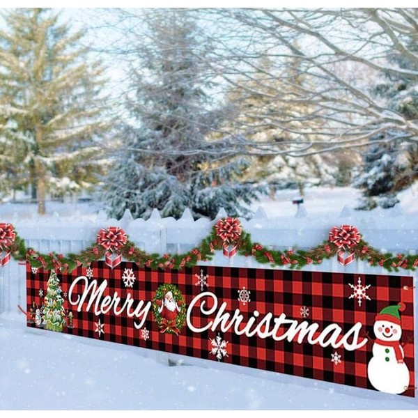 Auch Large Merry Christmas Banner, Red Buffalo Plaid Xmas Sign with Snowman Xmas Tree Pattern for Christmas Party, Outdoor Indoor Decoration, 9.8 x 1.6 Feet