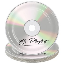 HOME & HOOPLA 90's Party Supplies - 1990's Mix Playlist Round CD Paper Dinner Plates for 16 Guests