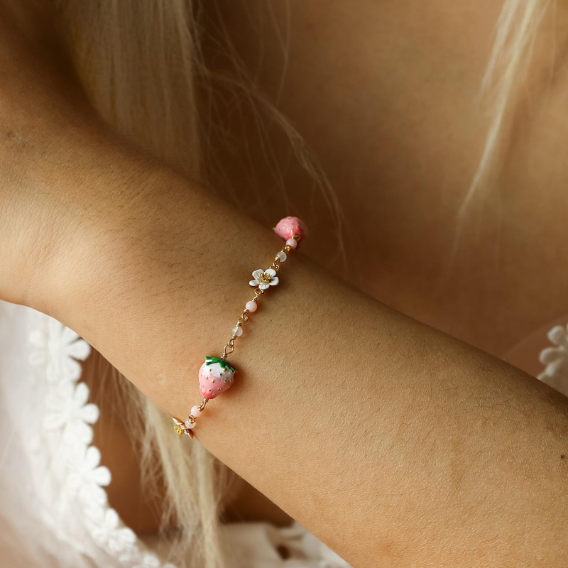 Strawberry Charm Bracelet Gold Enamel Dainty Fruit Women Jewelry