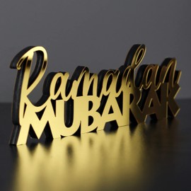 IWA CONCEPT | Wooden Acrylic Islamic Tabletop Decors | Ramadan Kareem and Eid Mubarak Decoration | Islamic Muslim Gifts | Ramadan Eid Decoration | (Ramadan Mubarak-2, Gold)