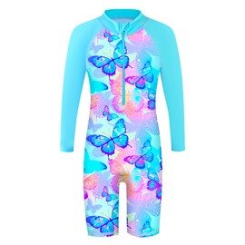 HUAANIUE Girls UPF 50+ UV One Piece Swimwear Kids Bodysuit Beachwear with Ziper Surfing Pink Swimming Children Bathing Costume 4-11 Years(AALightBlueButterfly,164/170)
