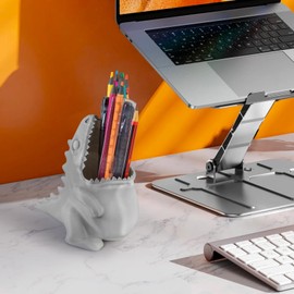 KwatTsz Cute Dinosaur Pen Holder, Dinosaur Figurine Pencil Holder for Office Desk Decor, 3D Printed, Grey T-Rex Desktop Organizer, Funny Dinosaur Pen Holder Gifts for Boys
