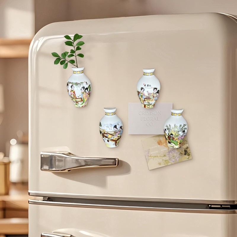 4PCS 3D Ceramic Vase Fridge Magnets, Decorative Ceramic Flower Vase