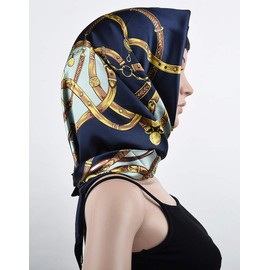 corciova Women's Neckerchief Silk Feeling Square Scarf Wrap 35" Chain Magic Mint and Navy