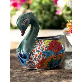 Colorful Talavera Ceramic Swan Planter, 8” Wide x 7” Tall, Hand-Painted Decorative Mexican Pottery for Indoor and Outdoor Use, Vibrant Colors, Unique Floral Design, Perfect for Home and Garden