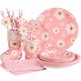 EASY JOY 80 Pcs Party Tableware Set Flower Party Plates Daisy Birthday Party Decorations Floral Fairytale Theme Party Plates Teapot Pinata Set for Afternoon Tea Wedding Birthday Baby Shower Hiking