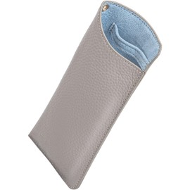 RafiCaro Eyeglass Case, Lightweight, Thin Leather, Cowhide Leather, Comes with Anti-popping Band, Stylish, Slim, Glasses Pouch, Strap Hole, greyblue