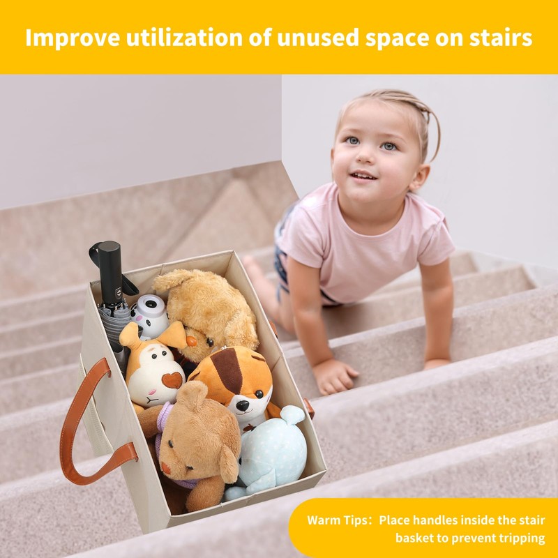 Qozary Stair Basket with Leather Handles - Staircase Basket for