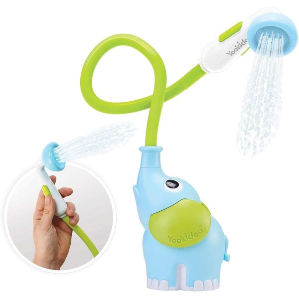 Yookidoo Baby Bath Shower Head - Elephant Water Pump and Trunk Spout Rinser - for Newborn Babies in Tub Or Sink (Blue)