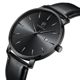 CHEETAH Minimalist Waterproof Quartz Watches for Men with Leather Strap in Black, Auto Date
