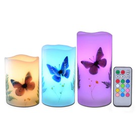 Candles Set of 3 Flameless 4" 5" 6" Unscented Tealight Butterfly Flower Plants Decor Real Wax Pillar Candle LED Lights 12 Color Changing 4H 8H Timer Remote Control AAA Batteries Operated