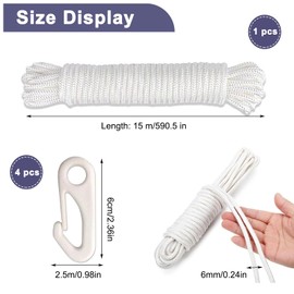 Flag Pole Rope with Flag Pole Clip, 15M Nylon Flag Rope Flagpole, 6mm ThickNylon Flag Rope with 4 Flag Pole Clip Flag Pole Halyard Rope Kit for Outdoor Sailboat Garden Camping