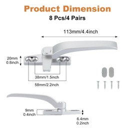 ZOFUN 8 Pcs Universal Window Handle, 142 x 15 mm Cockspur Window Handle Replacement, 4 Pcs Each Left/Right Handed Window Handles with Screw Driver, Zinc Alloy UPVC Window Handles for UPVC Window Door
