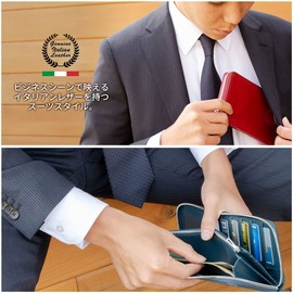 Dom Teporna Men's Women's Long Wallet, Genuine Leather, Italian Leather, Round Zipper, Large Capacity, Thin, Long Wallet, green