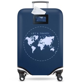 ASANGO Travel Luggage Cover With Integrated Name Tag, Fits 28-30 Inch XL Suitcases, World Map Navy Blue, TSA Friendly, Elastic, Zippers and Buckle, Two-in-One Design, Luggage Protector with ID Tag.