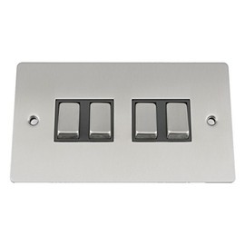 Light Switch 4 Gang - Satin Matt Chrome Flat - Black Insert - Metal Rocker Switch - 10 Amp 4 Gang 2 Way