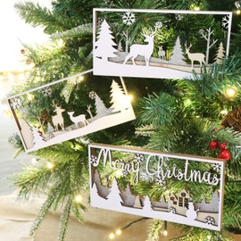 Treory Christmas Table Decorations Sign, 3 Pcs Elk Christmas Tree Snowflake "Merry Christmas" Snow View Xmas Wooden Ornament，Christmas Rustic Farmhouse Table Decor, Christmas Tiered Tray Decor