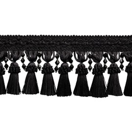 4" (10cm) Elegant Beaded Tassel Fringe with Fancy Gimp Header | Fringe Trim # BTFCT4, Pure Black #K9 (Jet Black) Sold by The Yard (36"/3 ft/0.9m)