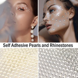 1860 PCS Self Adhesive Pearl & Clear Rhinestones Stickers, Eyes Face Hair Gems Body Jewels Crystal Diamond Bling Stickers for Makeup Nail Art Festival Decorations Cell Phone DIY Crafts, 8 Sheet