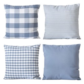 HOPLEE Farmhouse Blue Pillow Cover 24x24 Light Blue Cushion Cover with Buffalo Plaid, Solid Light Blue, Striped and Gingham Plaid Design 24x24 Inches,4 Pack