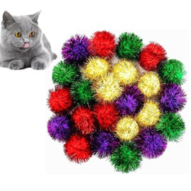 AUEAR, 24 Pack Assorted Color 2 Inch Flash Sparkle Cat Balls Shiny Tinsel Pom Poms Interactive Fuzzy Balls for Kittens (4 Colors)