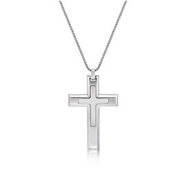 Metro Jewelry Modest Tiered Cross Pendant Necklace for Men in Stainless Steel on 24 Inches Long Box Chain with Lobster Claw