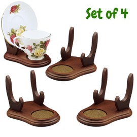 BANBERRY DESIGNS Tea Cup and Saucer Display Stand - Set of 4 Wood Holders for Collectible Teacup and Saucer Sets - Walnut Finish Single Cup/Saucer Display
