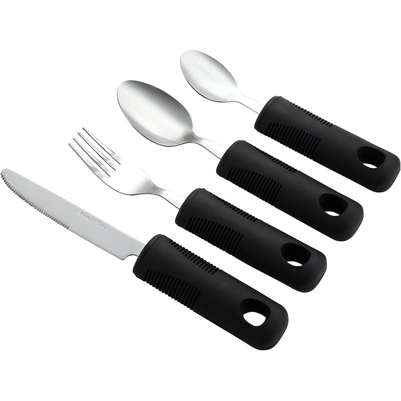 Adaptive Utensils Set (4-Pieces), Non-Weighted, Non-Slip Handles for Hand Tremors,