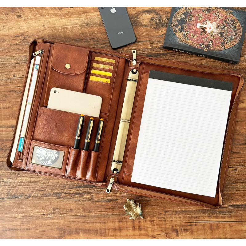 Gvalant 3 Ring Binder Vegan Leather Portfolio, Zippered Portfolio for