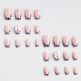 Mkwntg French Tip Press on Nails Medium Square Fake Nails Glossy Pink Leopard Full Cover Coffin False Nails Pink Leopard French with Bow Rhinestones Design Glue on Nails for Women Girls Manicure 24Pcs