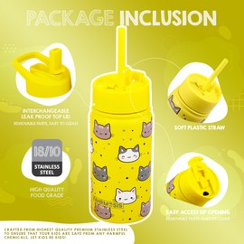 FAHRMOSIS 14 OZ Kids Water Bottle with Straw & 2 Lids (Flip & Spout) Leak Proof Metal Insulated Stainless Steel Reusable Tumbler for School & Sports Water Bottle - Yellow (Cat)
