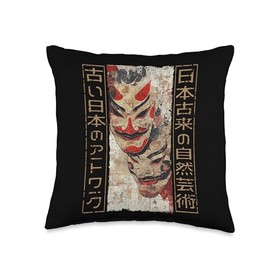 Noh Masks Traditional Japanese Woodblock Ukiyo-e Anime Throw Pillow