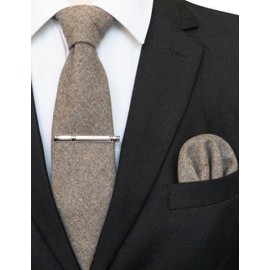 JEMYGINS Cashmere Wool Tie and Pocket Square Tie Clip Sets for Men, Brown without stripes