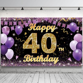 40 Birthday Decorations Backdrop Banner, Purple Gold Happy 40th Birthday Decorations for Women, 40 Years Old Birthday Photo Props, Forty Birthday Party Sign for Outdoor Indoor 6.1ft x 3.6ft Vicycaty