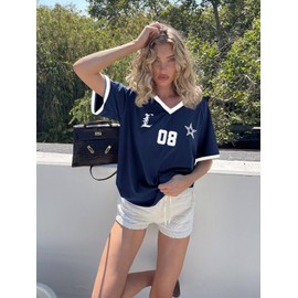 Tankaneo Womens Oversized Jersey Tshirts Letter Graphic V Neck Short Sleeve T-Shirts Summer Casual Tee Tops Dark Blue