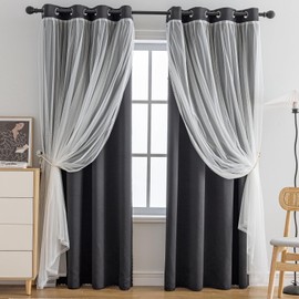 Anytime Home Curtains Blackout and Sheer Layered Solid Window Curtain Panel Pair with Grommet Top, 52Wx84L Black