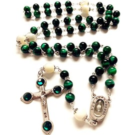 elegantmedical - Collar de abalorio de ojo de tigre de color verde católico, diseño de roario y crucifijo de Lourdes, 23" (58CM) long, elegantmedical