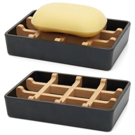 Bamboo Soap Dish for Shower Wooden Soap Bar Holder for Bathroom Soap Tray Bottom with Four Anti Slip Pads(Single Black Square)