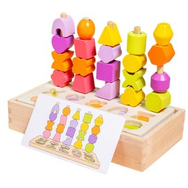 WRQIOO Dementia Activities for Adults, 2-in-1 Montessori Threading Toys, Wooden Lacing Beads and Stacking Blocks, Wooden Beads Sequencing Toy Set, Contains 20 Building Blocks and 8 Cards