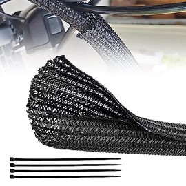 RED WOLF Funda de cable de alambre trenzado de 10 pies – 1 pulgada, tubo de telar de cableado dividido, flexible, autoenvoltura para la gestión de cables de computadora automotriz, protector de cubierta antiarañazos, telar negro de alta temperatura