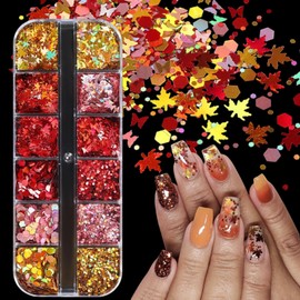 12 Grids Fall Nail Glitters 3D Gold Maple Leaf Nail Sequins with Glitter Gold Maple Leaves Sparkly Supplies Autumn Nail Stickers for Women Manicure Thanksgiving Decoration Makeup