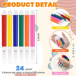 Watersay Mini Colored Pen 3.4 Inch Vibrant Colors Portable Short Colored Markers Assorted Multicolor Watercolor Marker Pen for Kids and Adult Glass Office School Supplies(6 Colors,144 Pcs)
