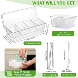 Maxdot Chilled Condiment Server Caddy Ice Cooled Condiment Serving Tray with Lids for Removable Compartments and Anti Spill Mat 3 Tongs 3 Forks for Bar Fruit Salad Party Supplies(4 Compartments)