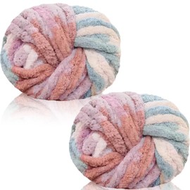 Duscdesp 2 Pack Chunky Yarn for Hand Knitting,240g Super Chunky Yarn for Crochet,Thick Wool Yarn,Chenille Chunky Blanket Yarn for Hats Scarf Blankets Cushion Cat Bed (Colored Cherry Blossom)