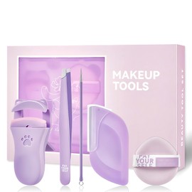 Eyelash Curler Kit, Makeup Sponge & Eyelash Lift Kit, 5PCS Makeup Tool Sets with Tweezers Eyebrow Trimmer, Powder Puff, Sterile Needles, Travel Set of Beauty Tools for Women