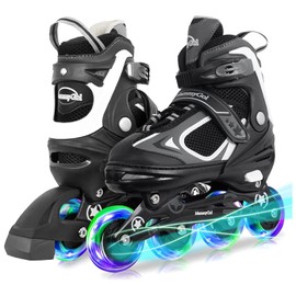 MammyGol Inline Skates for Boys Girls Kids Youth with Light up Wheels,Illuminating Beginner Black Blades Roller Skates for Boys Size 1 2 3 4 Ages 6-8 8-10
